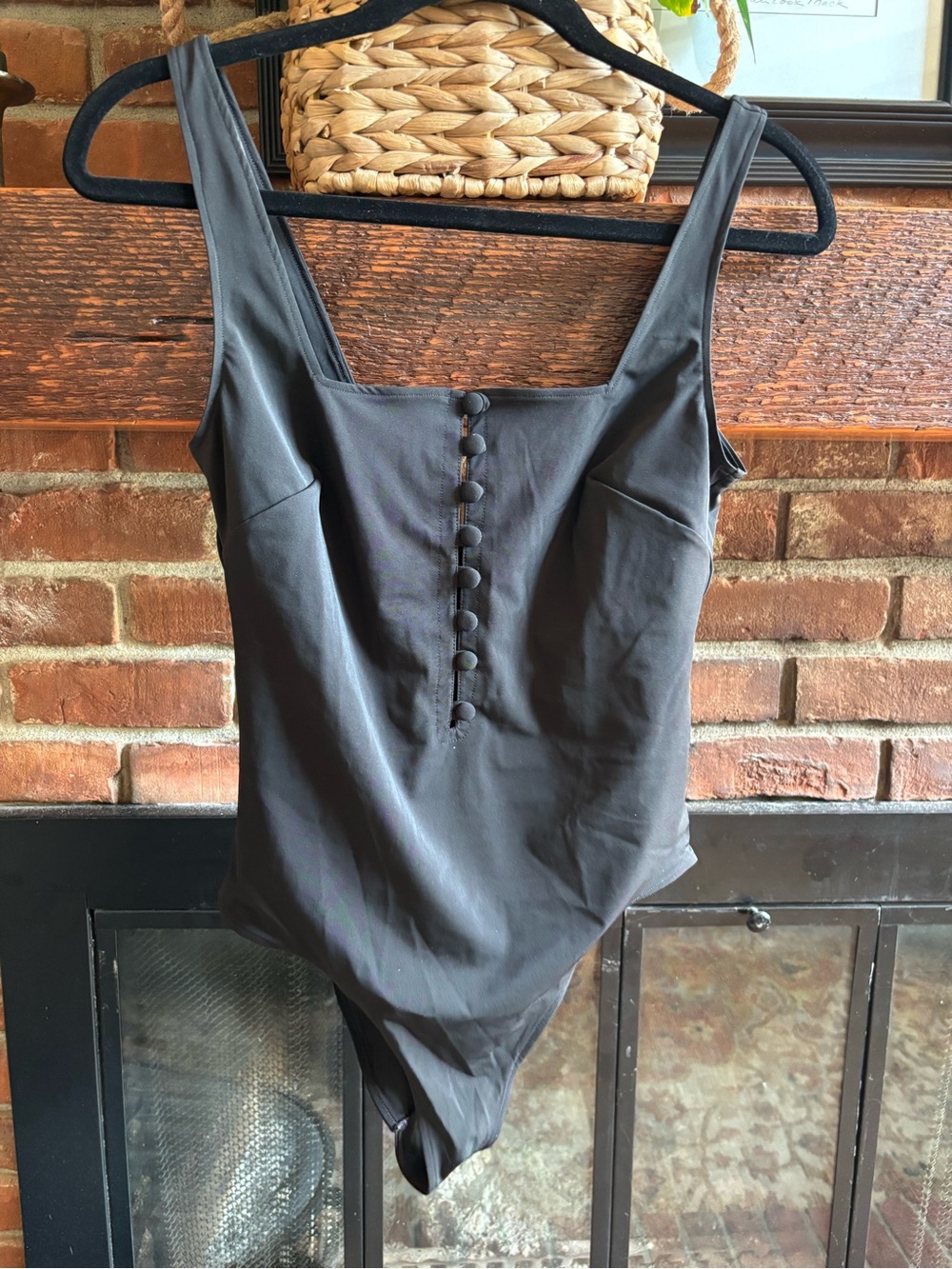 & Other Stories Black Covered Button Square Neck One Piece Swimsuit Size 12